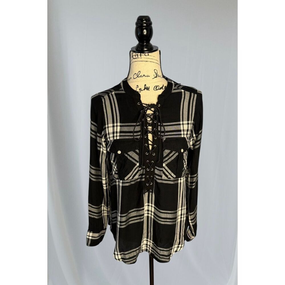 Express Women's Size Medium Black White Button Down Long Sleeve Shirt Western